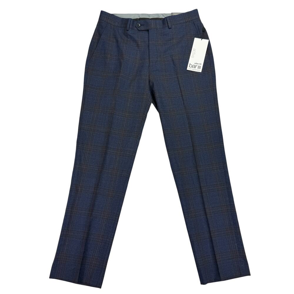 Bar III Mens Slim Fit Wool Blend Active Stretch Plaid Suit Pants Blue Tan 32x30